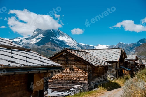 Preview: Old wooden buildings in the rocky Alps of Matterhorn, Zermatt, Switzerland