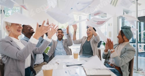 Preview: Business people, throwing paper or success meeting in winner finance planning, company growth goals