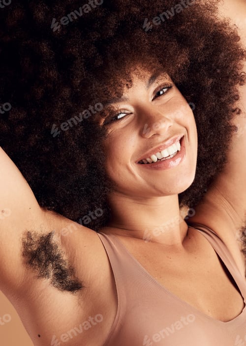 Preview: Armpit hair, natural growth and woman satisfied, smile and happy with female body, beauty and welln