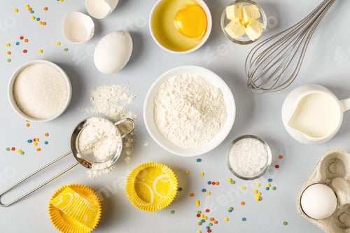 Preview: Background with ingredients for cooking, baking, flat lay.