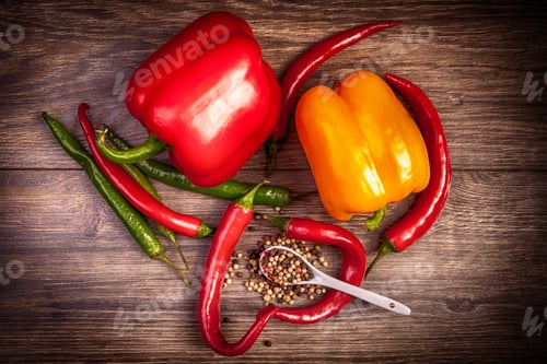 Preview: Fresh vegetables with spicy pepper on wood deck