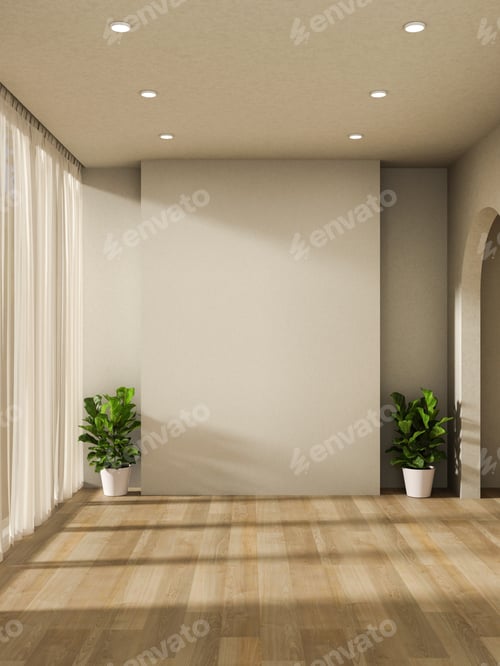 Preview: Empty white wall and pot plants on wooden parquet floor with sunlight through window curtain of room