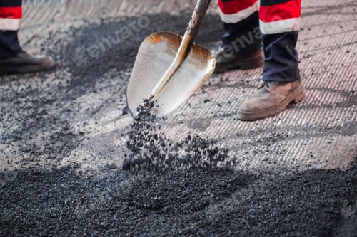 Preview: Repair of roads, highways and sidewalks. Patching. Working with a shovel falls asleep in the pit