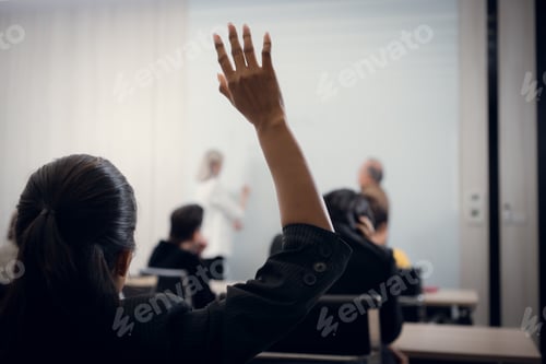 Preview: Back view of businesswoman giving hand raise to asking in conference room