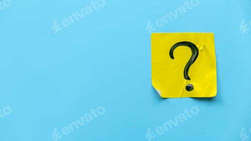 Preview: QnA or questions and answers concept. Yellow sticker with handwritten question symbol on blue backgr