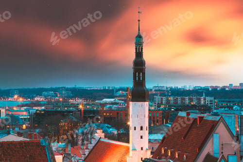 Preview: Tallinn, Estonia. Night Sunset Sky Above Traditional Old Architecture Skyline In Old Town. Church Of