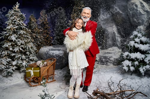 Preview: A joyful Christmas celebration with a cheerful man and woman in a snowy winter wonderland