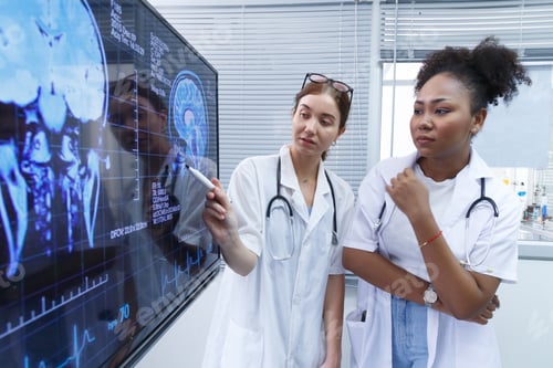 Preview: female doctor students team meeting and analyzing brain MRI scan