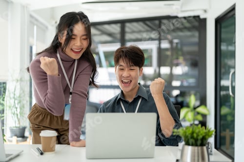Preview: Two cheerful Asian office employees are looking at a laptop screen, rejoicing and celebrating