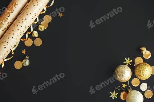 Preview: Modern christmas flat lay, golden wrapping paper, baubles, confetti on black. Merry Christmas!