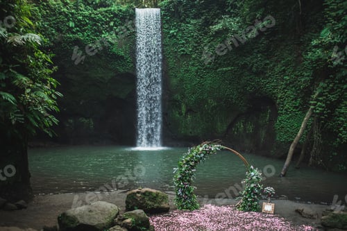 Preview: Round bronze wedding arch decorated with pink roses and greens. Unusual location