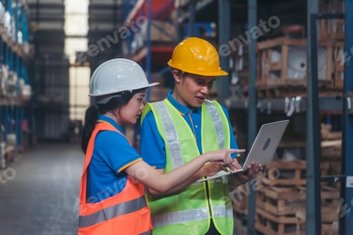 Preview: Warehouse management team use bar code scaner scan goods shelf writing checklist on clipboard