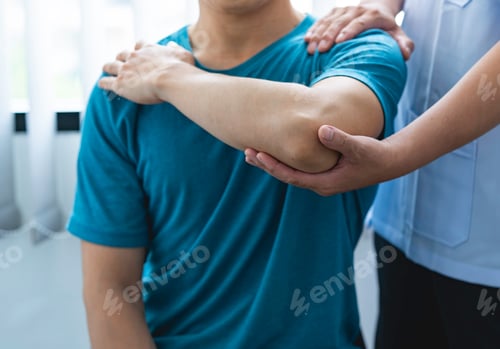 Preview: Physician consulting patients about elbow muscle pain problem ,office syndrome problems, physiothera