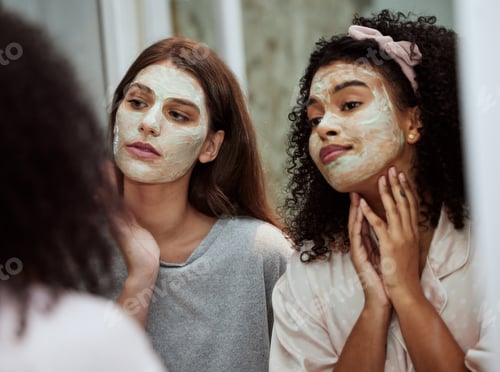 Preview: Women, home skincare or face mask bonding in house, bathroom or hotel for spa wellness, girls hospi
