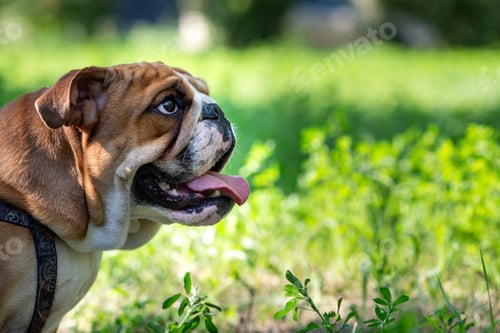 Preview: Portrait of an English bulldog in profile against a background of green foliage. Copy-space.