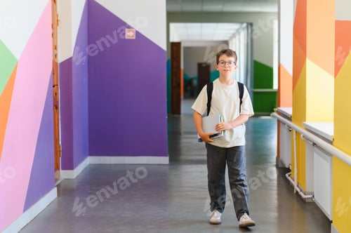 Preview: Student walking in colorful school hallway holding books