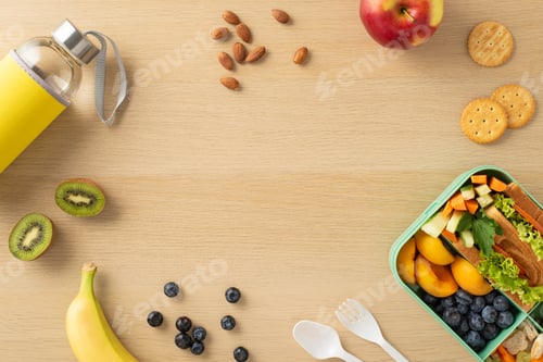 Preview: Vertical top view nutritious lunchbox filled with variety of fresh fruits, veggies, sandwich