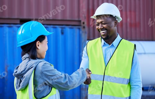 Preview: Logistics, handshake and shipping worker welcome boss at supply chain, export and international tra