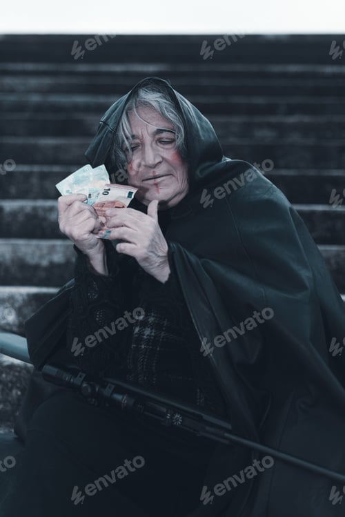 Preview: dark evil character holding euro money - war sad profits concept - grief concept