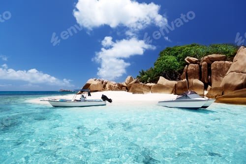 Preview: Speed Boat On The Beach Of Coco Island, Seychelles