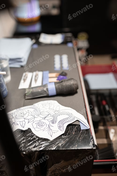 Preview: A tattoo design stencil is resting on the work table next to the other tools before tattooing