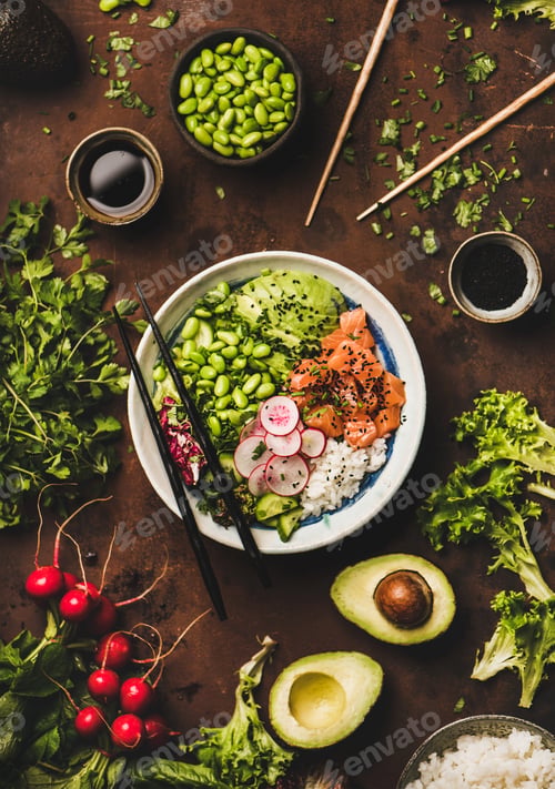 Preview: Salmon poke bowl or sushi bowl with vegetables and greens