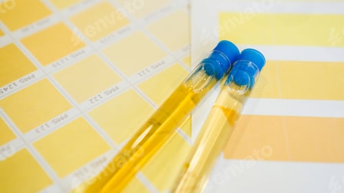 Preview: Urine tubes are placed on color charts. The concept of analyzes, diagnostics