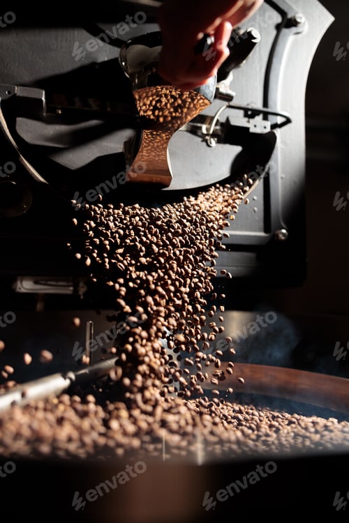 Preview: Coffee processing. Roastery, roasting machine and fresh beans