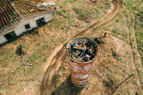 Preview: Belarus. Aerial View Of Abandoned Ruined Water Tower Near Farm In Chernobyl Zone. Chornobyl