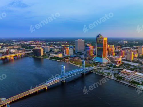 Preview: Aerial view of Jacksonville skyline view at sunrise