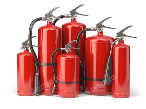 Preview: Fire extinguishers isolated on white background. Various types o