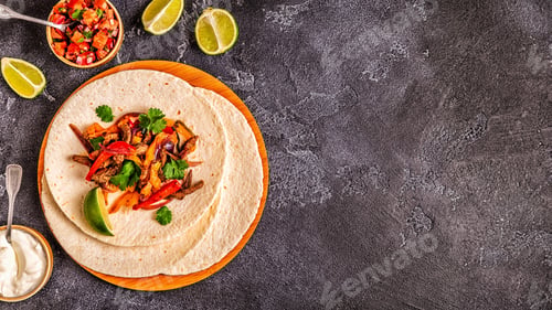 Fresh Fajitas on Tortillas with Salsa and Sour Cream