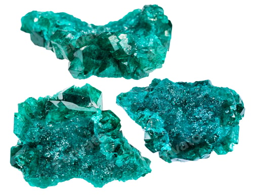 Preview: various samples of raw dioptase minerals isolated