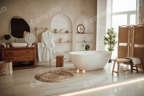 Preview: Soft native hues organic shapes look of bathroom with big window oval bathtub in neutrals tones