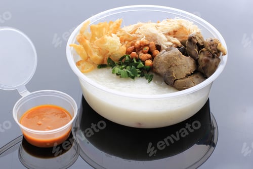 Preview: Bubur Ayam or Indonesian Rice Porridge with Shredded Chicken.