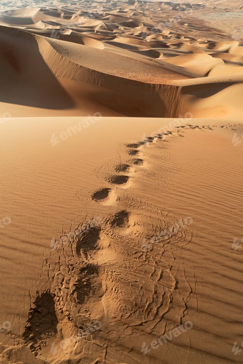Preview: Foot steps on sand dune in the Empty Quarter Desert, between Saudi Arabia and Abu Dhabi, UAE