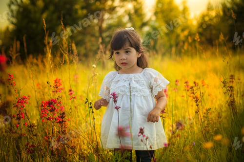 Preview: A cute little girl in white dress standing in warm sunlight in blooming field
