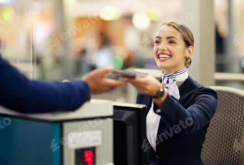 Preview: Woman, airport and passenger assistant with passport helping traveler for check in at terminal coun