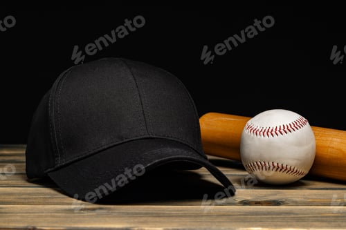 Preview: Baseball cap, ball and bat on wooden background