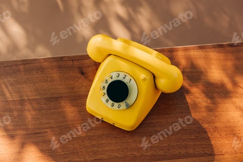 Preview: Yellow vintage dial phone on wooden table