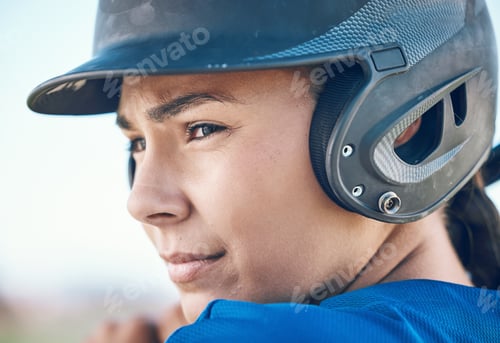 Preview: Baseball, face and a person with a helmet outdoor on pitch for sports performance or competition. P