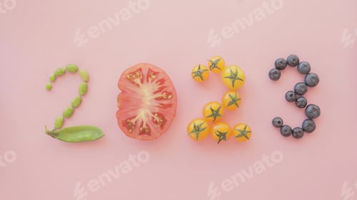 Preview: 2023 made from healthy food, New year health resolution, diet goal plan and wellness concept