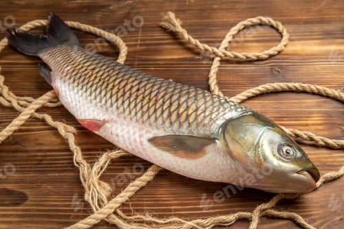 Preview: front view fresh fish with ropes on wooden table food seafood dish ocean