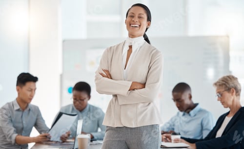 Preview: Proud, leadership and business meeting woman, manager or boss in corporate innovation portrait for