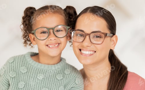 Preview: Mother, girl and glasses in optometry shop, frame and happy after shopping in retail store with smi