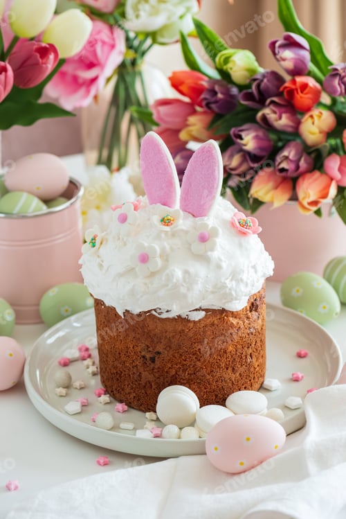 Preview: Easter Cake with Bunny Ears and Tulips. Festive Spring Composition