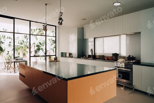 Preview: A kitchen in a Post-Modern Home in the style of a minimalist architecture,wallpaper copy space backg