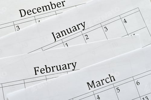 Preview: Top view flat lay of calendar December, January, February and March, no specific year, generic