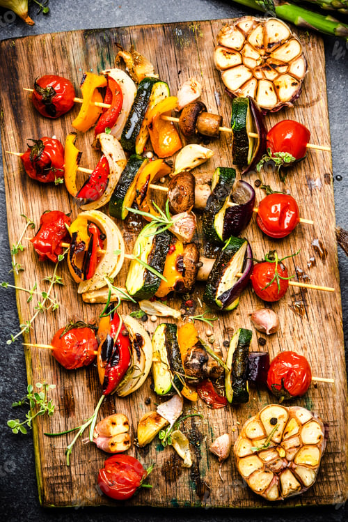Preview: Serving Grilled BBQ Vegetables Skewers with Fresh Herbs, Marinate and Spices on Wooden Board