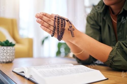 Preview: Hands, bible and home for prayer, rosary and mindfulness for faith, religion or reading with hope f